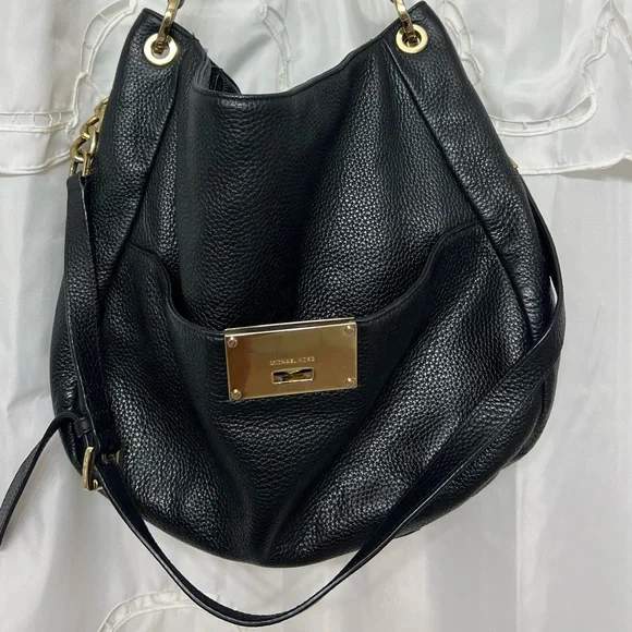 Michael Kors Bedford Large Black Pebbled Leather Shoulder Bag Gold Chain Hobo - Picture 10 of 13